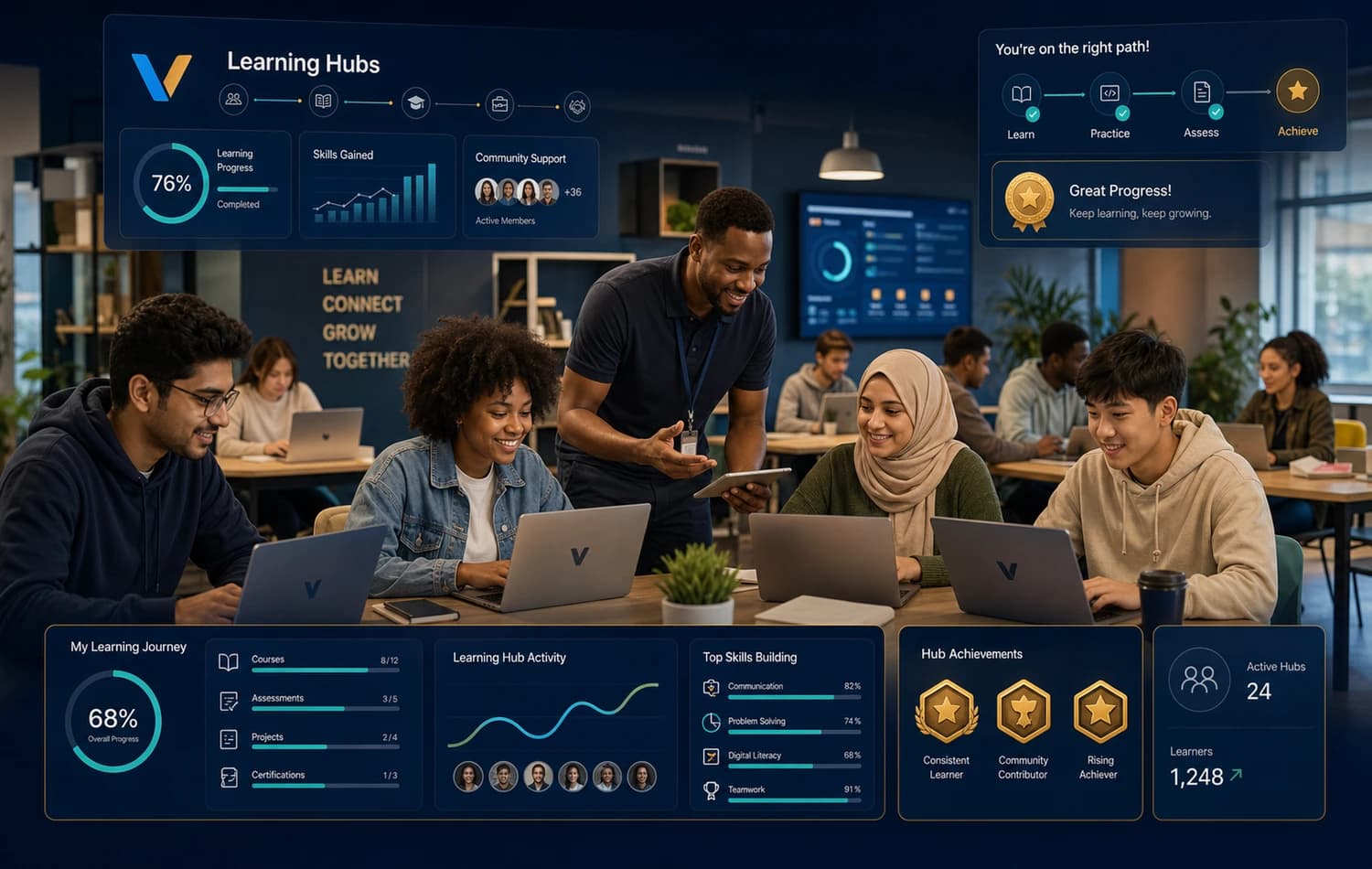 Modern hybrid Learning Hub with learners using VowTools