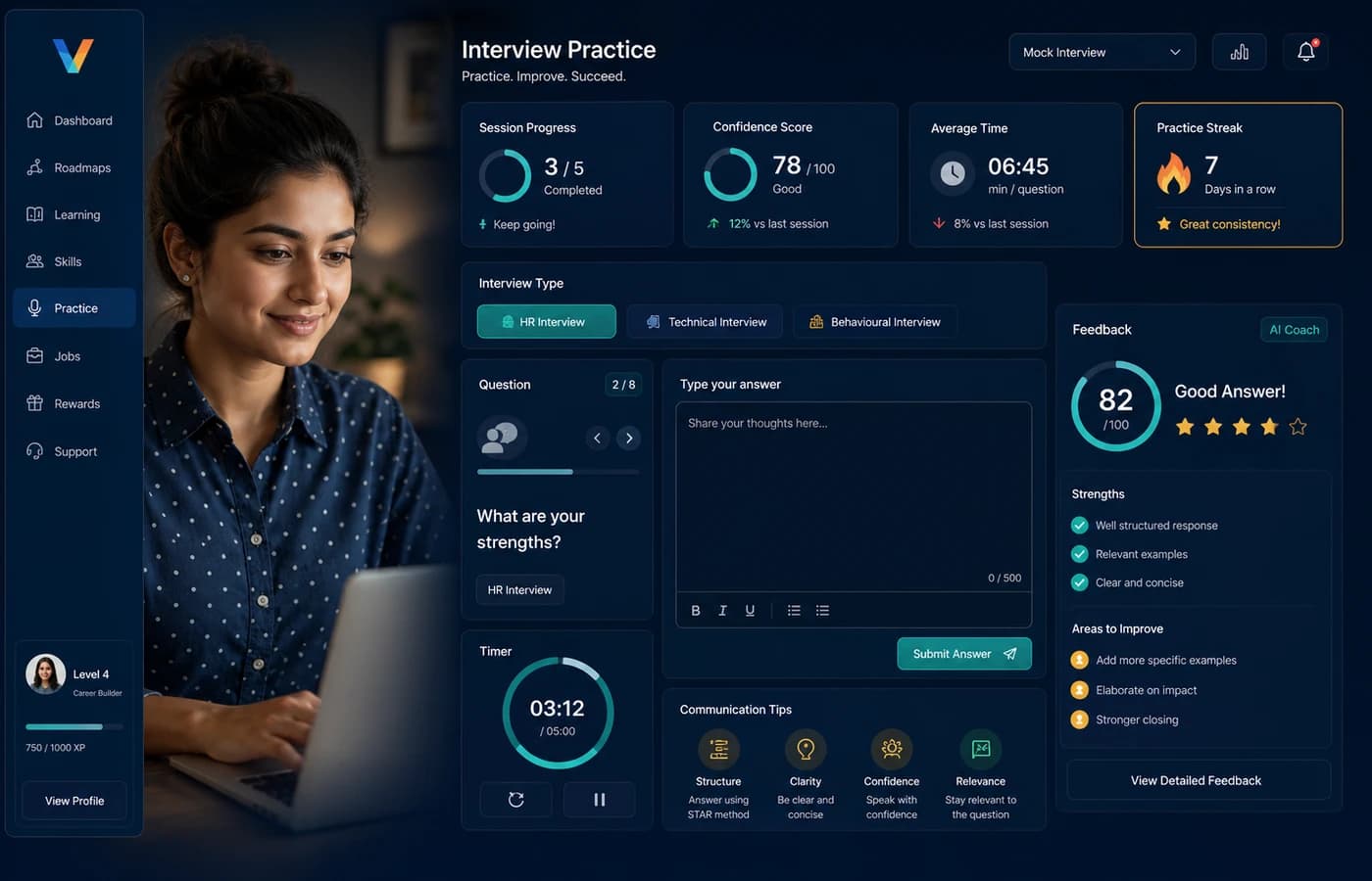 Interview practice simulator with questions and feedback