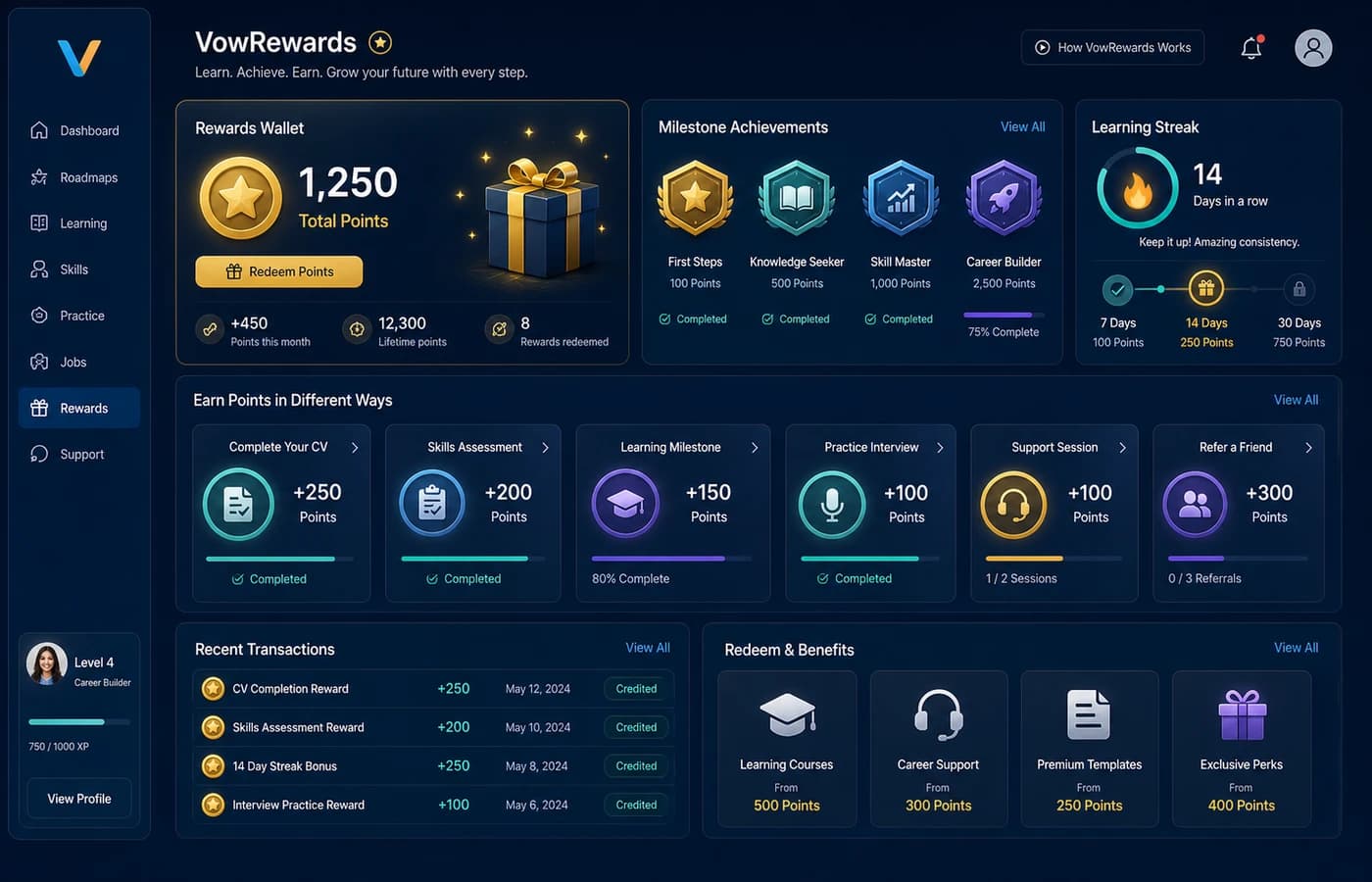 VowRewards wallet dashboard with points and badges